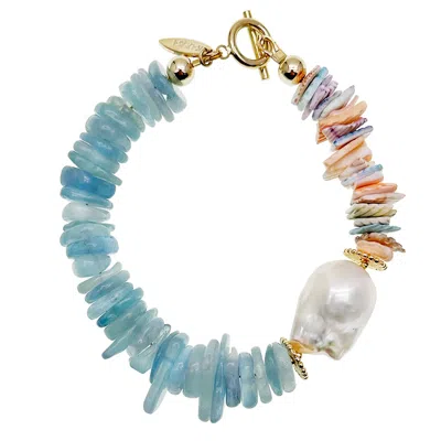 Farra Women's Blue / White Aquamarine And Shell With Baroque Pearl Bracelet In Multi
