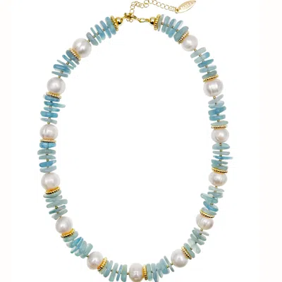 Farra Women's Blue / White Baroque Pearls With Aquamarine Stone Short Necklace In Multi