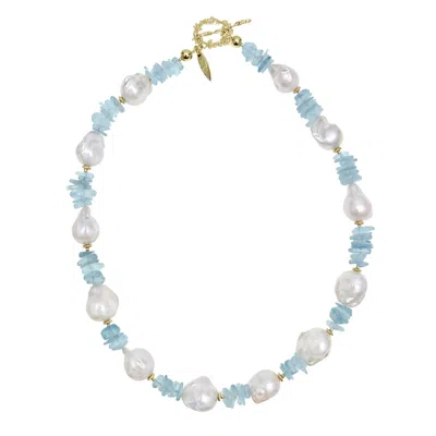 Farra Women's Blue / White Baroque Pearls With Irregular Aquamarine Statement Necklace In Multi