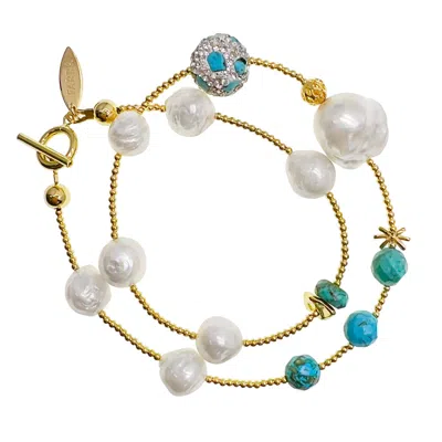 Farra Women's Blue / White Baroque Pearls With Turquoise Double Layers Bracelet /choker