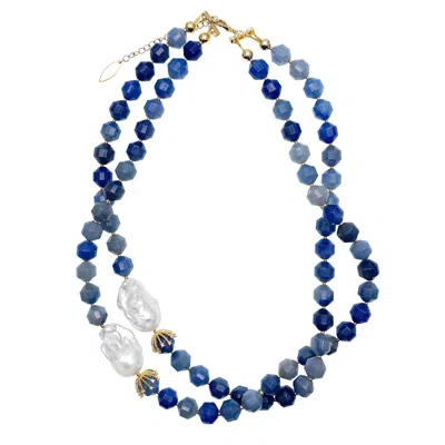 Farra Women's Blue / White Blue Aventurine With Baroque Double Strands Necklace In Multi