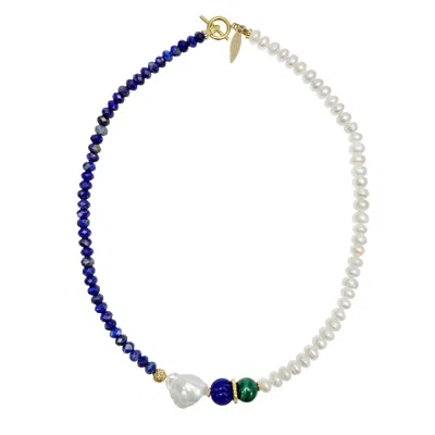 Farra Women's Blue / White Blue Lapis Lazuli And Baroque Pearl Short Necklace In Gray