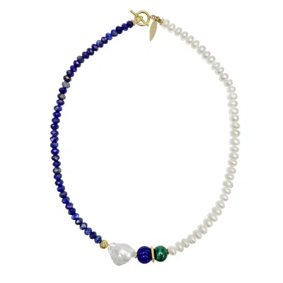 Farra Women's Blue / White Blue Lapis Lazuli And Baroque Pearl Short Necklace In Multi