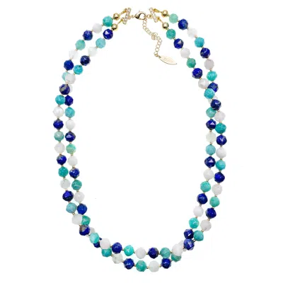Farra Women's Blue / White Color Mixed Gemstone Double Strands Necklace In Multi