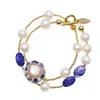 Farra Women's Blue / White Double Layers Pearls And Lapis Rhinestone Bracelet