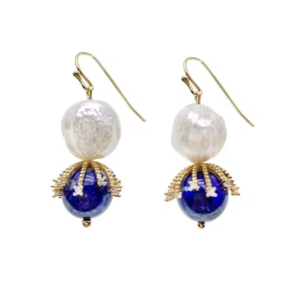 Farra Women's Blue / White Freshwater Pearl With Blue Aventurine Dangle Earrings