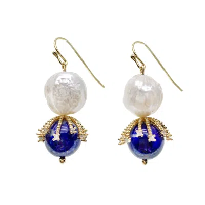 Farra Women's Blue / White Freshwater Pearl With Blue Aventurine Dangle Earrings In Multi