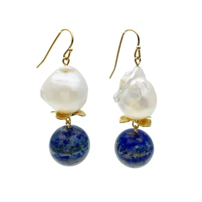 Farra Women's Blue / White Freshwater Pearl With Lapis Lazuli Hook Earrings In Multi