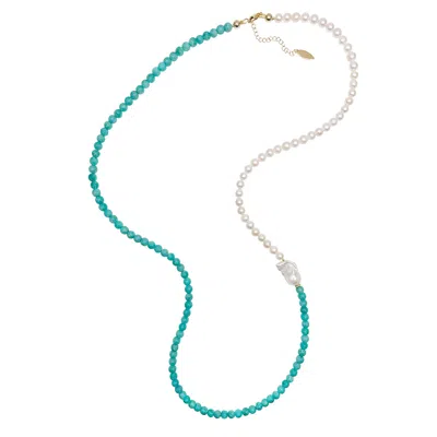 Farra Women's Blue / White Freshwater Pearls And Turquoise Long Necklace In Brown