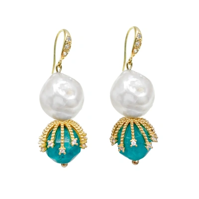 Farra Women's Blue / White Freshwater Pearls With Jade Dangle Hook Earrings In Multi