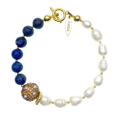 Farra Women's Blue / White Freshwater Pearls With Lapis  Color Block Bracelet In Multi