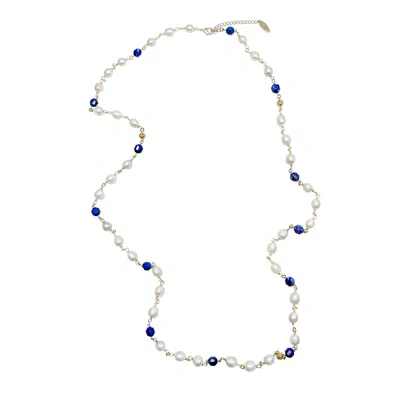 Farra Women's Blue / White Freshwater Pearls With Lapis Multi-way Necklace In Metallic