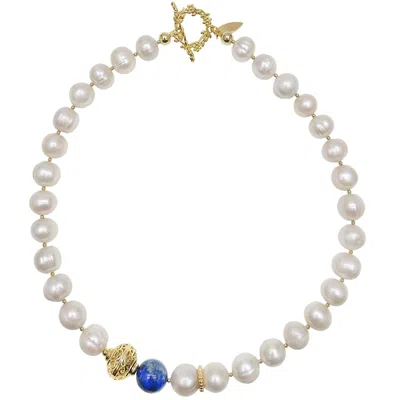 Farra Women's Blue / White Freshwater Pearls With Lapis Necklace