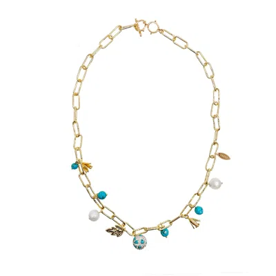 Farra Women's Blue / White Gold Chain With Turquoise And Pearls Necklace In Multi