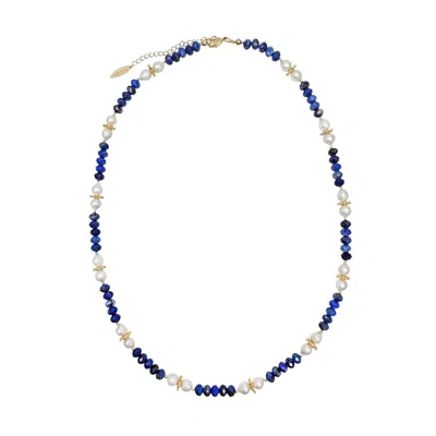Farra Women's Blue / White Lapis With Freshwater Pearls Matinee Length Necklace