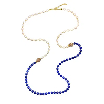 Farra Women's Blue / White Lapis With Freshwater Pearls Two-ways Long Necklace In Multi