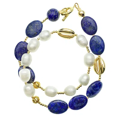 Farra Women's Blue / White Natural Lapis With Freshwater Pearls Double Wrapped Bracelet In Black