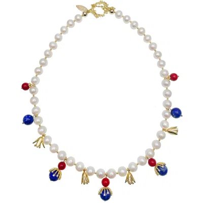 Farra Women's Blue / White / Red Freshwater Pearls With Lapis And Red Coral Pendents Statement Necklace In Gold