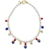 Farra Women's Blue / White / Red Freshwater Pearls With Lapis And Red Coral Pendents Statement Necklace In Multi