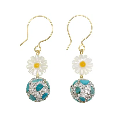 Farra Women's Blue / White Rhinestones Turquoise With Daisy Charm Dangle Earrings In Gold