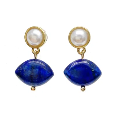 Farra Women's Blue / White Simple Lapis Stones Dangle Earrings In Multi