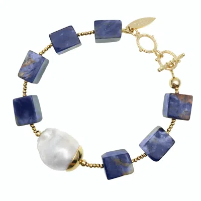 Farra Women's Blue / White Square Lapis Lazuli With Baroque Pearl Bracelet In Multi