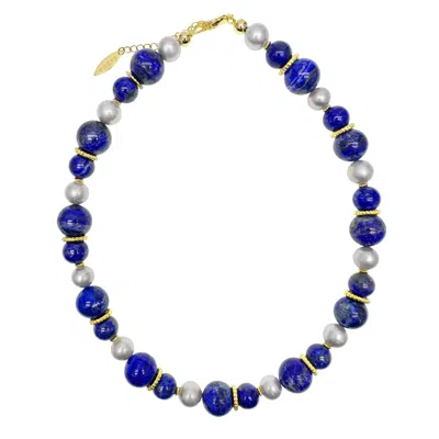 Farra Women's Blue / White Stunning Lapis With Grey Freshwater Pearls Chunky Necklace In Multi