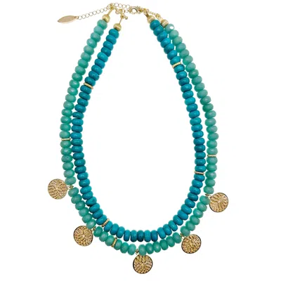 Farra Women's Blue / White Turquoise & Amazonite Double Strands Coin Charm Statement Necklace In Green