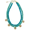 Farra Women's Blue / White Turquoise & Amazonite Double Strands Coin Charm Statement Necklace In Multi