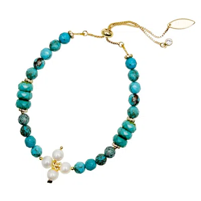 Farra Women's Blue / White Turquoise With Flower Pearls Adjustable Bracelet In Multi