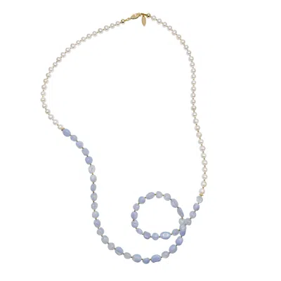 Farra Women's Blue / White White Freshwater Pearls And Blue Lace Agate Long Necklace In Metallic