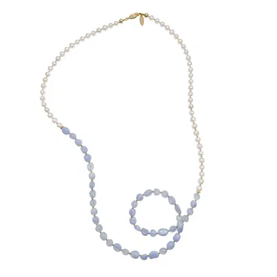 Farra Women's Blue / White White Freshwater Pearls And Blue Lace Agate Long Necklace In Multi