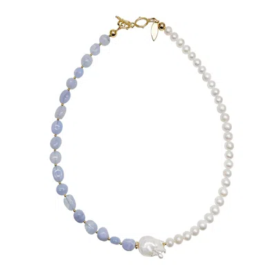 Farra Women's Blue / White White Freshwater Pearls And Blue Lace Agate Short Necklace In Multi
