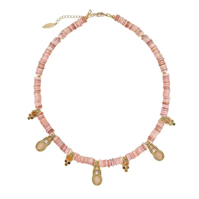 Farra Women's Bohemian Pink Shell With Rose Quartz Pendant Necklace