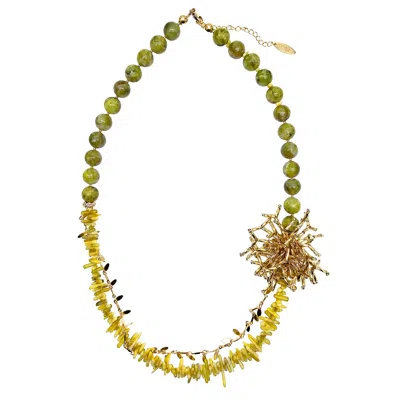 Farra Women's Boho Chic Green Opal And Yellow Bamboo Coral With Removable Pin Necklace