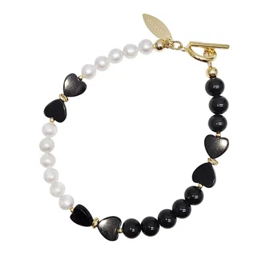 Farra Women's Bowknot Black Obsidian And White Freshwater Pearl Bracelet