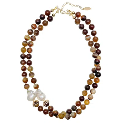 Farra Women's Brown Agate With Baroque Pearls Double Layers Necklace In Burgundy