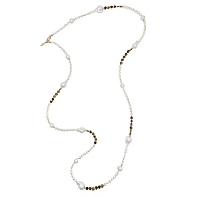 Farra Women's Brown Baroque Freshwater Pearls With Heart Tiger-eye Stone Long Necklace