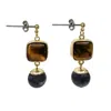 Farra Women's Brown / Black Tiger-eye Stone With Black Obsidian Minimalist Earrings