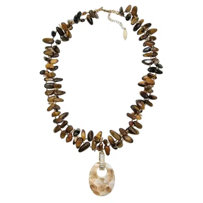 Farra Women's Brown Classical Tigereye With Shell Pendant Necklace