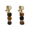 Farra Women's Brown Cube Tiger Eye Clip-on Earrings