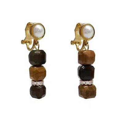 Farra Women's Brown Cube Tiger Eye Clip-on Earrings