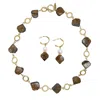 Farra Women's Brown Elegant Tiger Eye Jewelry Set Necklace And Hoop Earrings In Multi