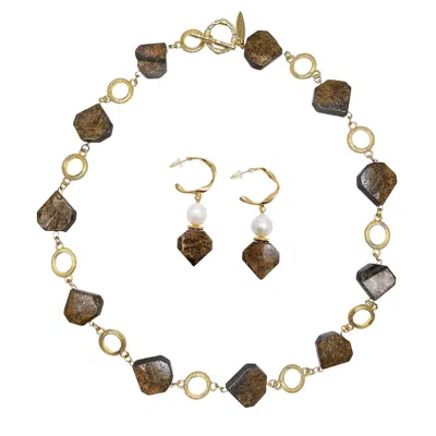 Farra Women's Brown Elegant Tiger Eye Jewelry Set Necklace And Hoop Earrings In Multi