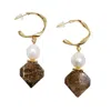 Farra Women's Brown Geometric Tiger-eye Stone With Freshwater Pearls Earrings In Brown
