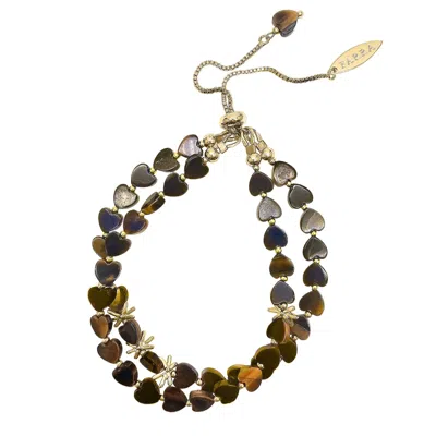 Farra Women's Brown Heart Shaped Tiger-eye Stone Double Layers Bracelet