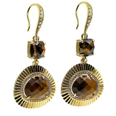 Farra Women's Brown Teardrop Tiger Eye Setting Dangle Earrings