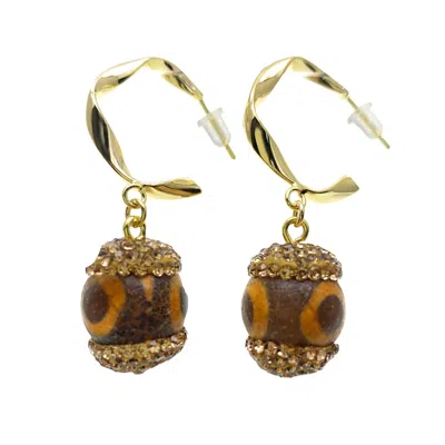 Farra Women's Brown Tibetan Dzi Bead With Rhinestones Hook Earrings