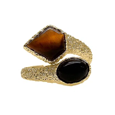 Farra Women's Brown Tiger-eye And Black Agate Open Ring