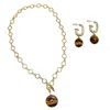 Farra Women's Brown Tiger Eye Pendant Lariat Necklace And Dangle Earrings Set In Gold